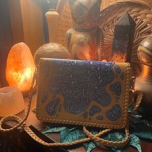 Handpainted Tan Leather Crossbody Bag with Witchy Mystical Art